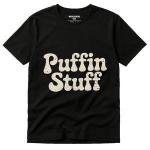 Black Birdwatching T Shirt - "Puffin Stuff" graphic tee with cream print, flat lay product photo