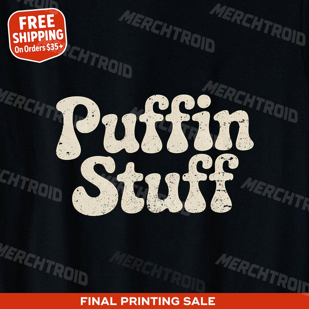 "Puffin Stuff" black birdwatching t shirt, photographed as bird watching gift