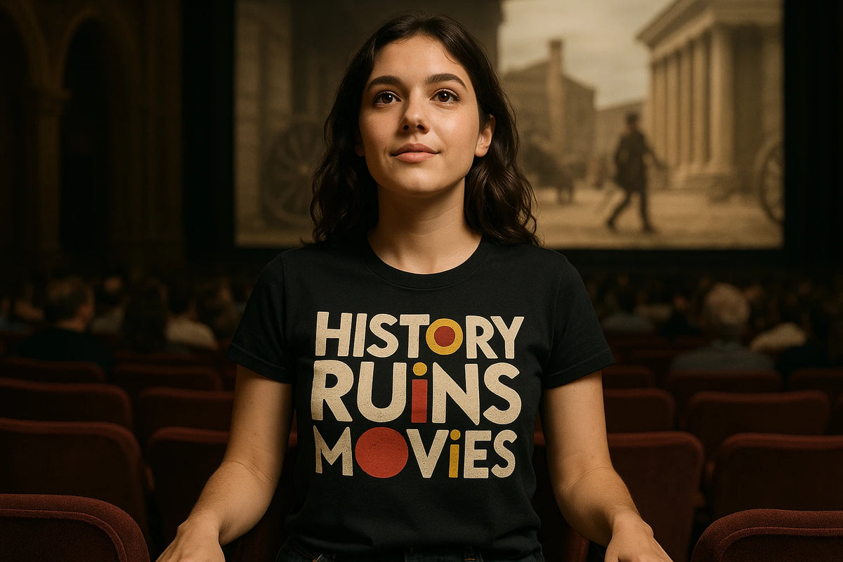 Lifestyle shot of the "History Ruins Movies" black black history t shirt in a real-world setting