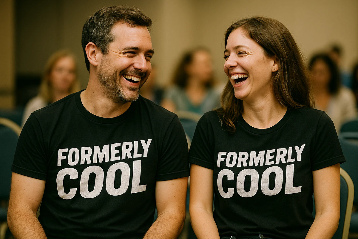Person wearing the black parent identity crisis shirts graphic tee - "Formerly Cool" design