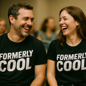 Person wearing the black parent identity crisis shirts graphic tee - "Formerly Cool" design