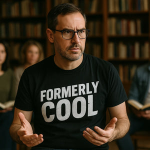 Lifestyle shot of the "Formerly Cool" black parent identity crisis shirts in a real-world setting