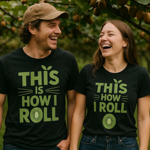 Person wearing the black kiwis shirts graphic tee - "This Is How I Roll" design
