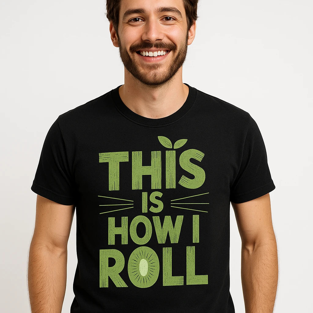 Close-up of the "This Is How I Roll" gold print on a premium Bella+Canvas black kiwis shirts