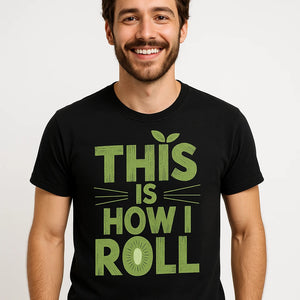 Close-up of the "This Is How I Roll" gold print on a premium Bella+Canvas black kiwis shirts