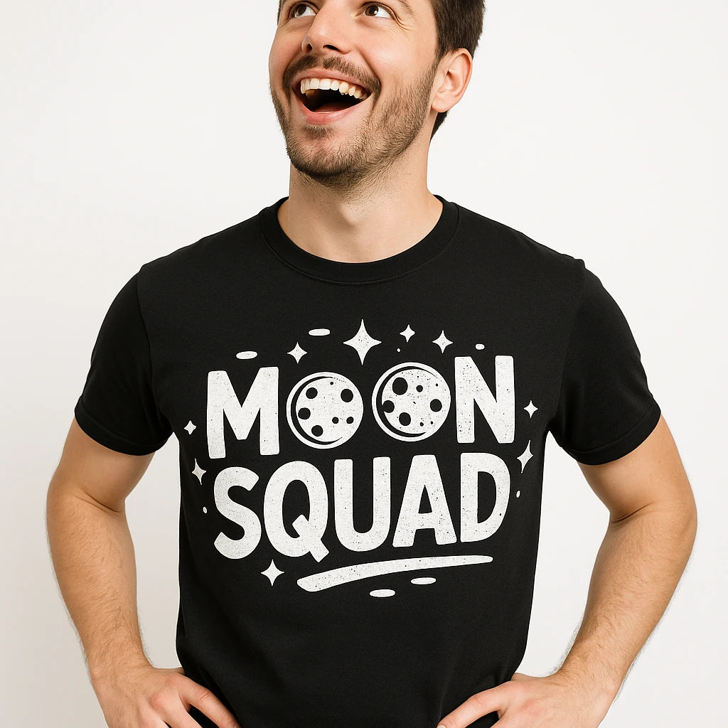 Close-up of the "Moon Squad" white print on a premium Bella+Canvas black blue moon t shirt