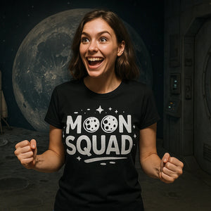Lifestyle shot of the "Moon Squad" black blue moon t shirt in a real-world setting