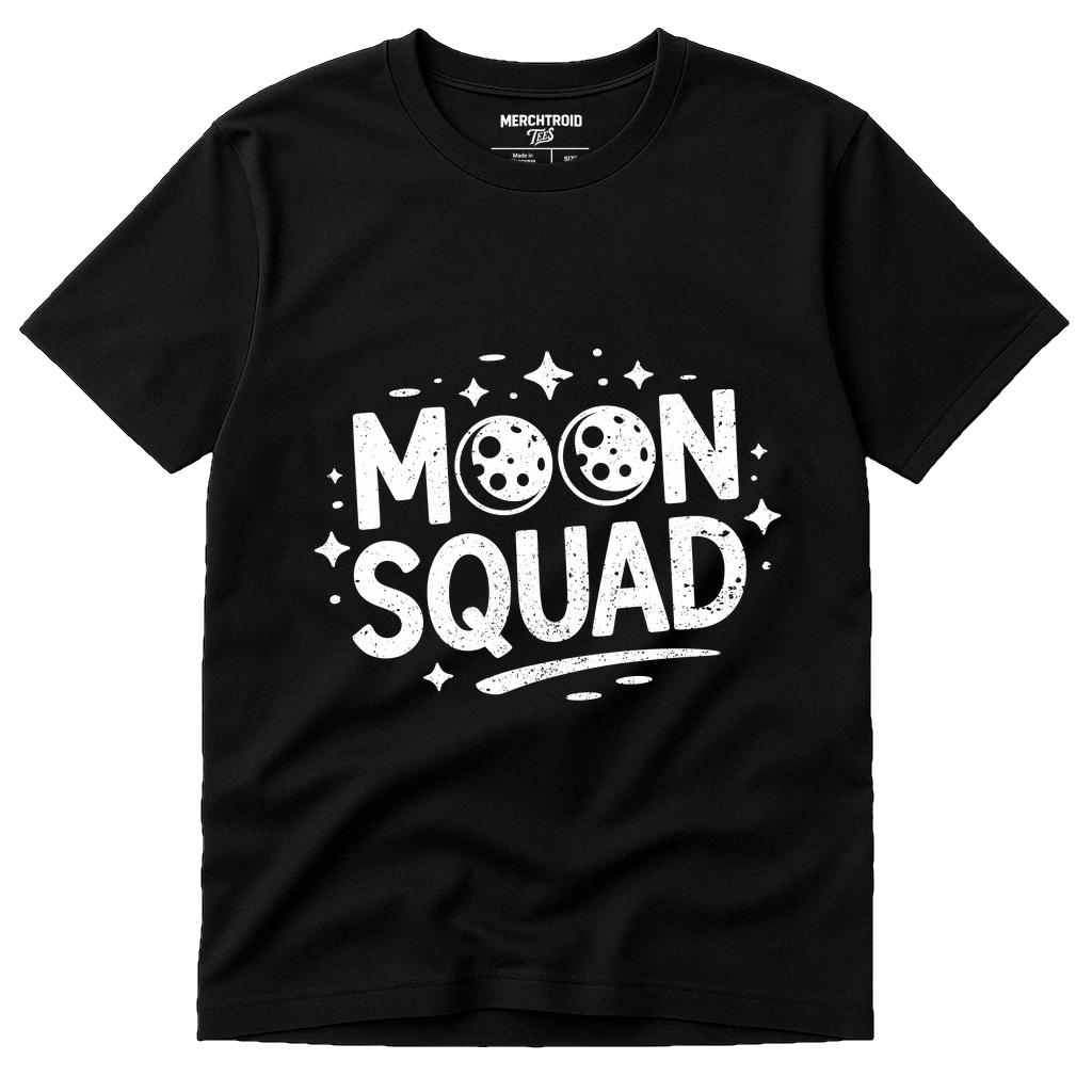 Black Blue Moon T Shirt - "Moon Squad" graphic tee with white print, flat lay product photo