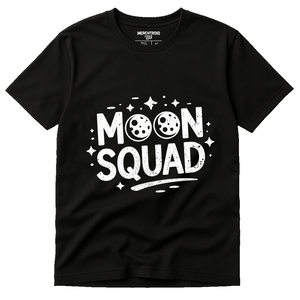 Black Blue Moon T Shirt - "Moon Squad" graphic tee with white print, flat lay product photo
