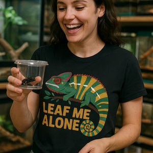"Leaf Me Alone" black chameleon shirts, photographed as gifts for chameleon lovers