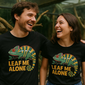 Person wearing the black chameleon shirts graphic tee - "Leaf Me Alone" design