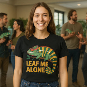 Lifestyle shot of the "Leaf Me Alone" black chameleon shirts in a real-world setting