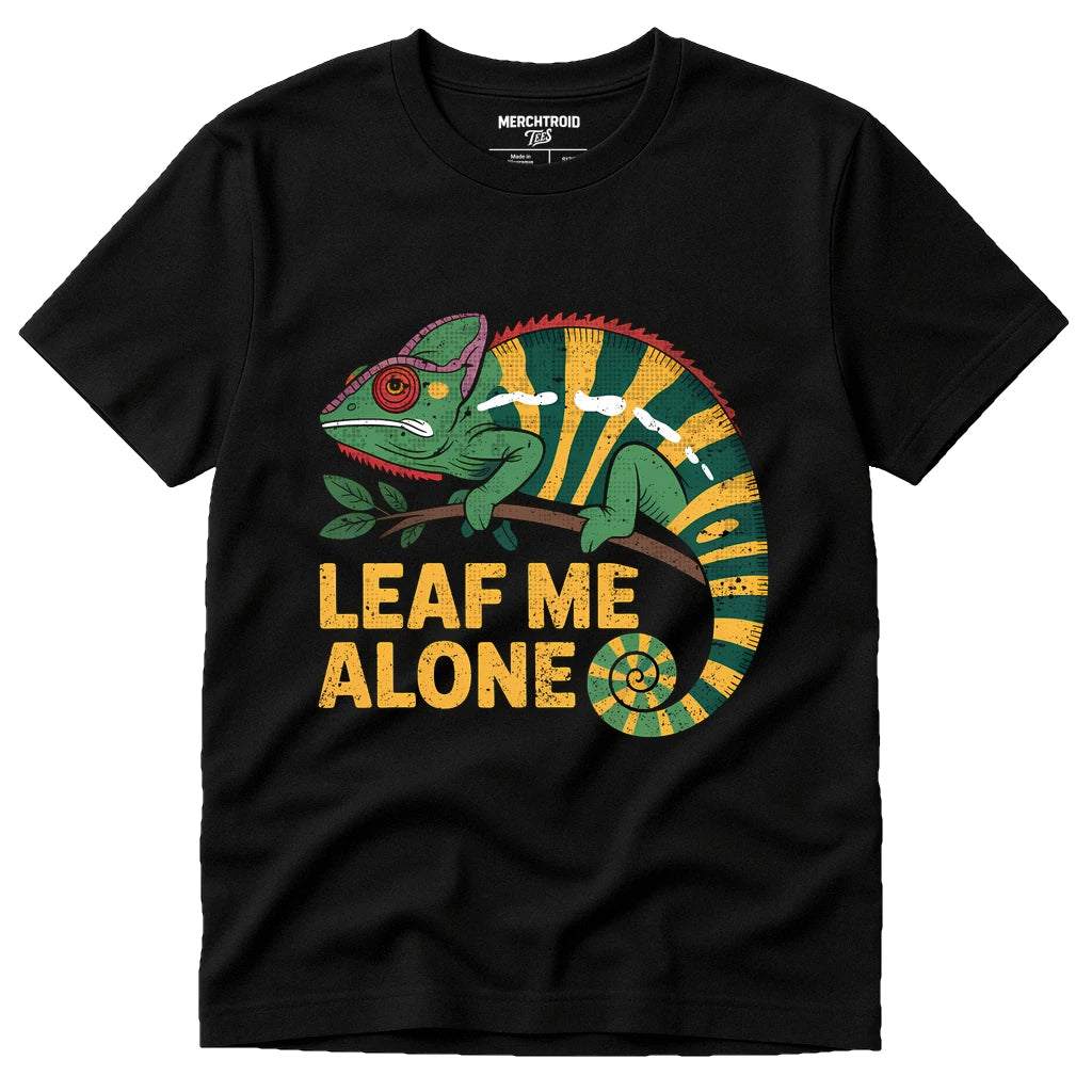 Black Chameleon Shirts - "Leaf Me Alone" graphic tee with green print, flat lay product photo