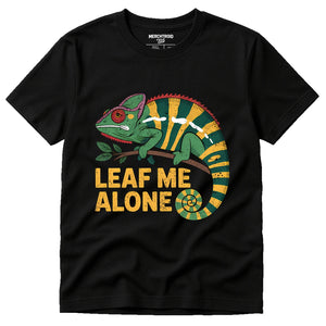 Black Chameleon Shirts - "Leaf Me Alone" graphic tee with green print, flat lay product photo