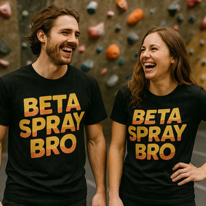 Person wearing the black rock climbing t shirt graphic tee - "Beta Spray Bro" design