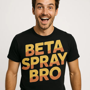 Close-up of the "Beta Spray Bro" gold print on a premium Bella+Canvas black rock climbing t shirt