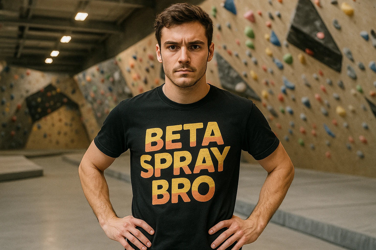 Lifestyle shot of the "Beta Spray Bro" black rock climbing t shirt in a real-world setting