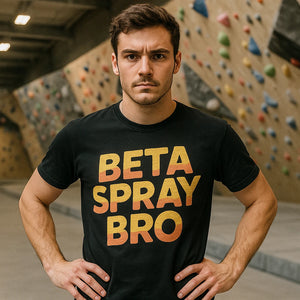 Lifestyle shot of the "Beta Spray Bro" black rock climbing t shirt in a real-world setting