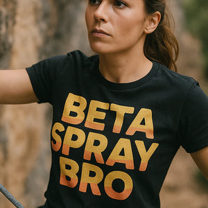 "Beta Spray Bro" black rock climbing t shirt, photographed as rock climbing lover gift