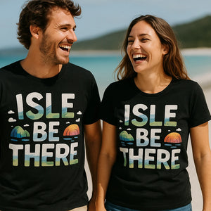 Person wearing the black islands t shirt graphic tee - "Isle Be There" design