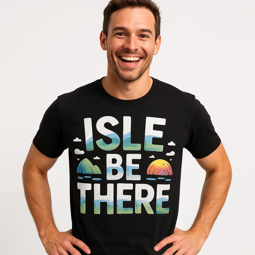 Close-up of the "Isle Be There" gray print on a premium Bella+Canvas black islands t shirt