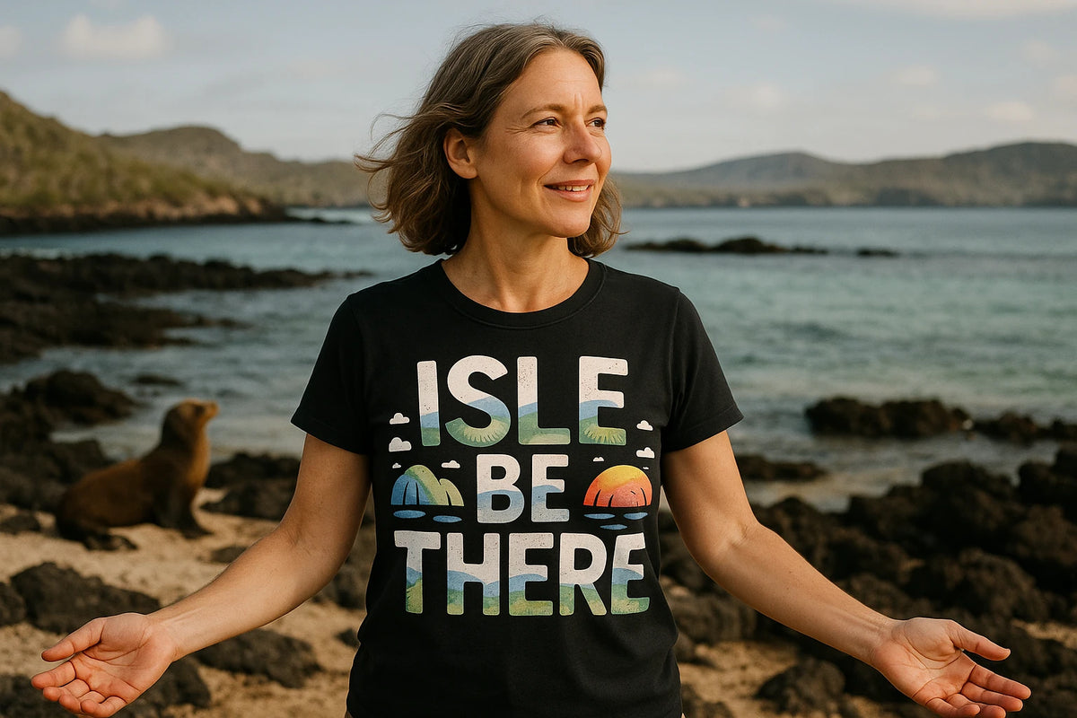 Lifestyle shot of the "Isle Be There" black islands t shirt in a real-world setting