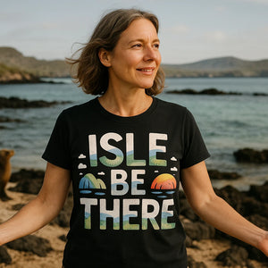 Lifestyle shot of the "Isle Be There" black islands t shirt in a real-world setting