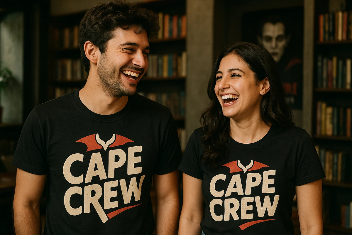 Person wearing the black mona the vampire t shirt graphic tee - "Cape Crew" design