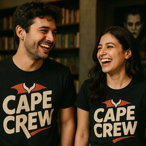 Person wearing the black mona the vampire t shirt graphic tee - "Cape Crew" design