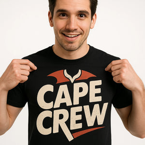 Close-up of the "Cape Crew" cream print on a premium Bella+Canvas black mona the vampire t shirt