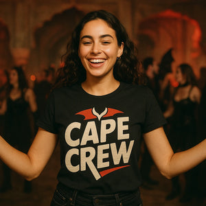 Lifestyle shot of the "Cape Crew" black mona the vampire t shirt in a real-world setting