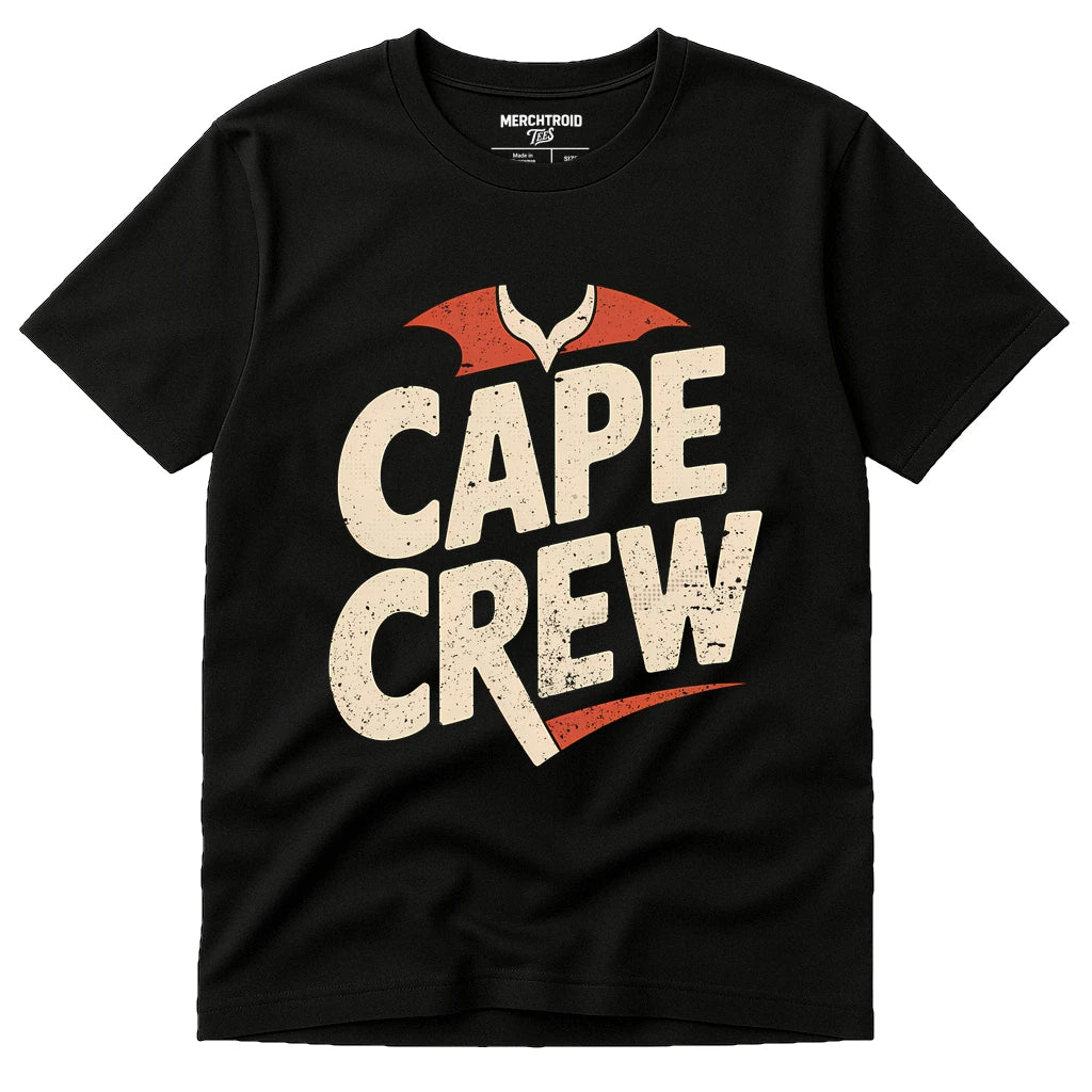 Black Mona The Vampire T Shirt - "Cape Crew" graphic tee with cream print, flat lay product photo