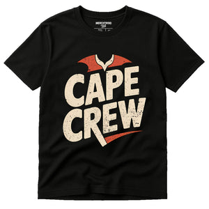 Black Mona The Vampire T Shirt - "Cape Crew" graphic tee with cream print, flat lay product photo