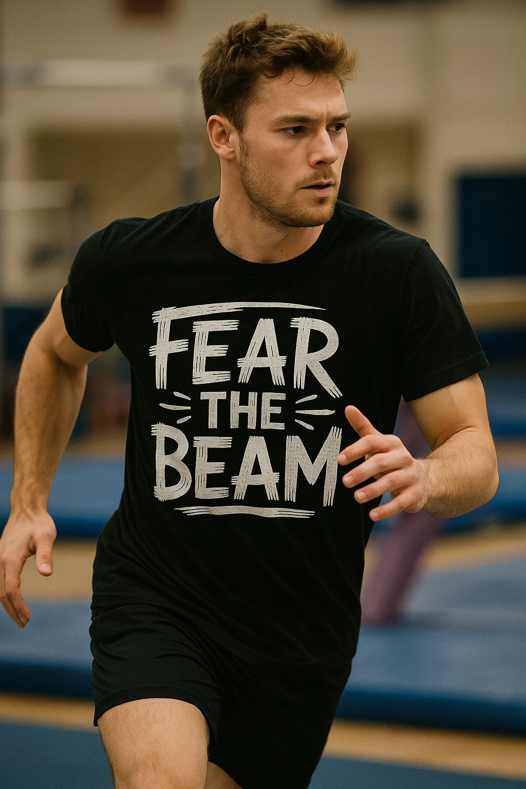 "Fear the Beam" black gymnastics t shirt, photographed as gift for gymnastics lover