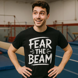 Lifestyle shot of the "Fear the Beam" black gymnastics t shirt in a real-world setting