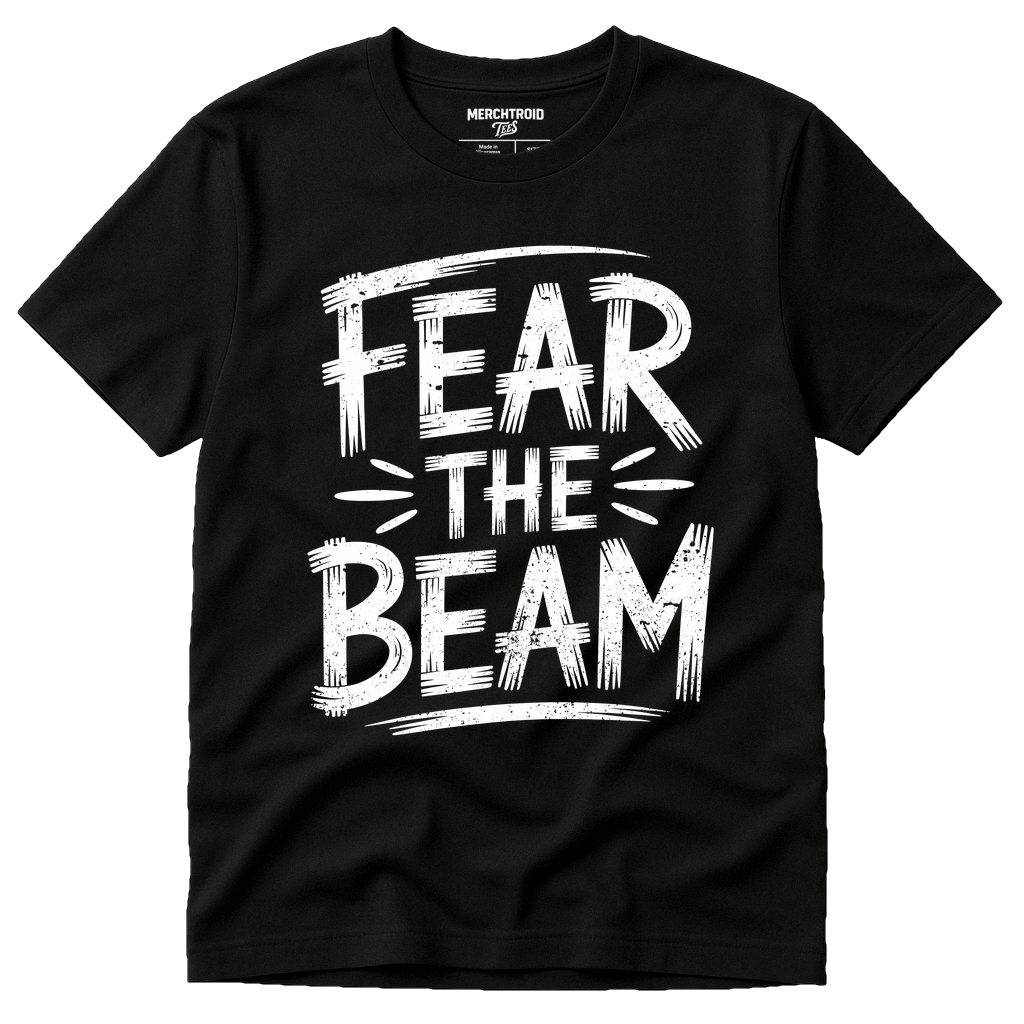 Black Gymnastics T Shirt - "Fear the Beam" graphic tee with white print, flat lay product photo