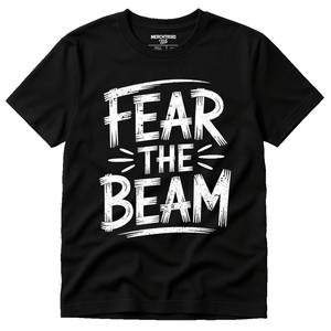 Black Gymnastics T Shirt - "Fear the Beam" graphic tee with white print, flat lay product photo