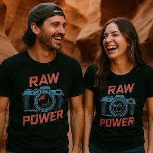 Person wearing the black photographer t shirt graphic tee - "Raw Power" design