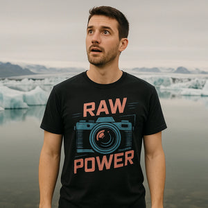Lifestyle shot of the "Raw Power" black photographer t shirt in a real-world setting