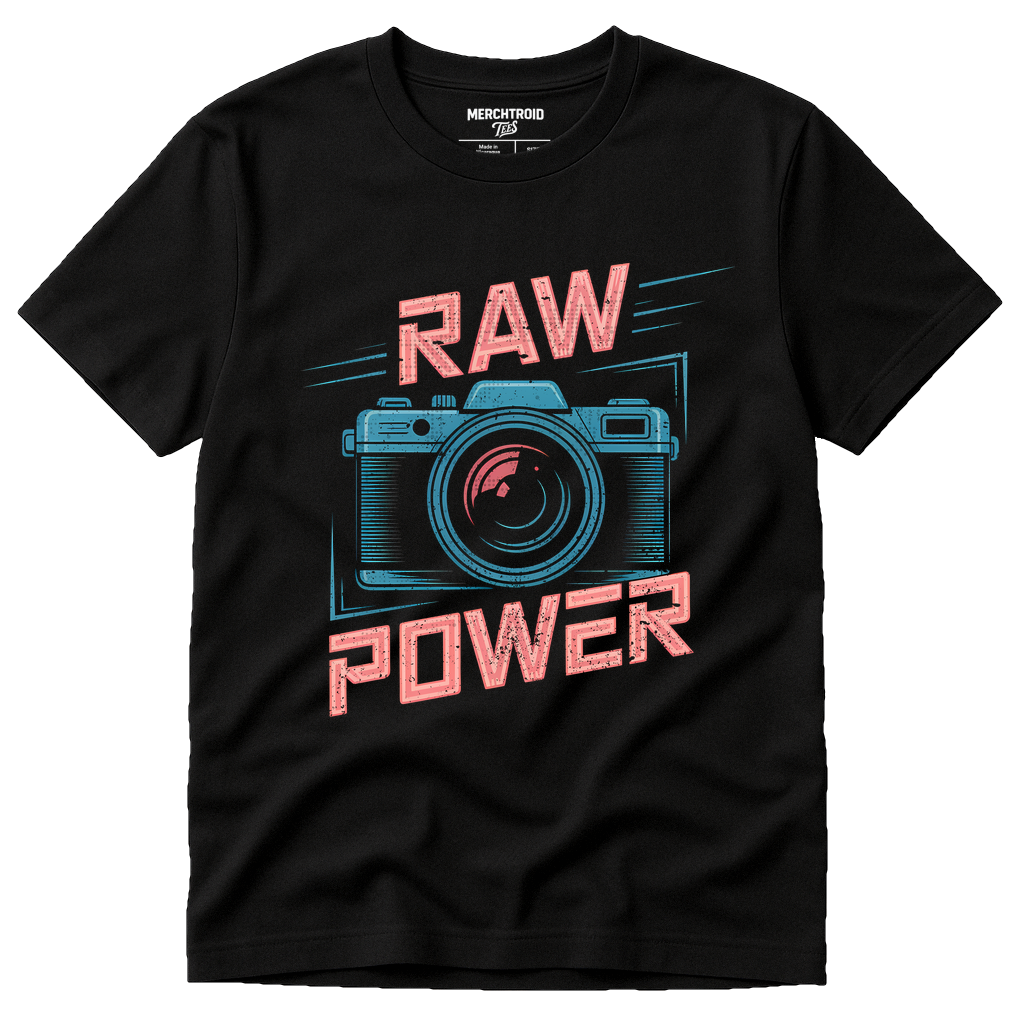 Black Photographer T Shirt - "Raw Power" graphic tee with pink print, flat lay product photo