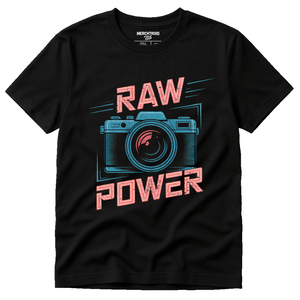 Black Photographer T Shirt - "Raw Power" graphic tee with pink print, flat lay product photo