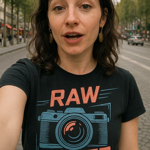 "Raw Power" black photographer t shirt, photographed as gift for photographer boyfriend