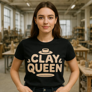 Lifestyle shot of the "Clay Queen" black sculpting t shirt in a real-world setting