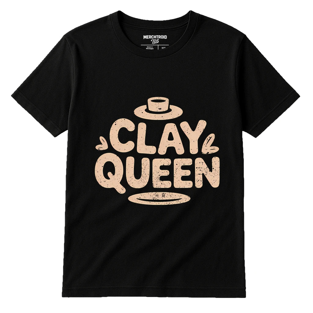 Black Sculpting T Shirt - "Clay Queen" graphic tee with beige print, flat lay product photo
