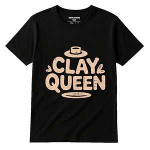 Black Sculpting T Shirt - "Clay Queen" graphic tee with beige print, flat lay product photo