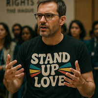 A man wearing glasses and a black T-shirt with the text 