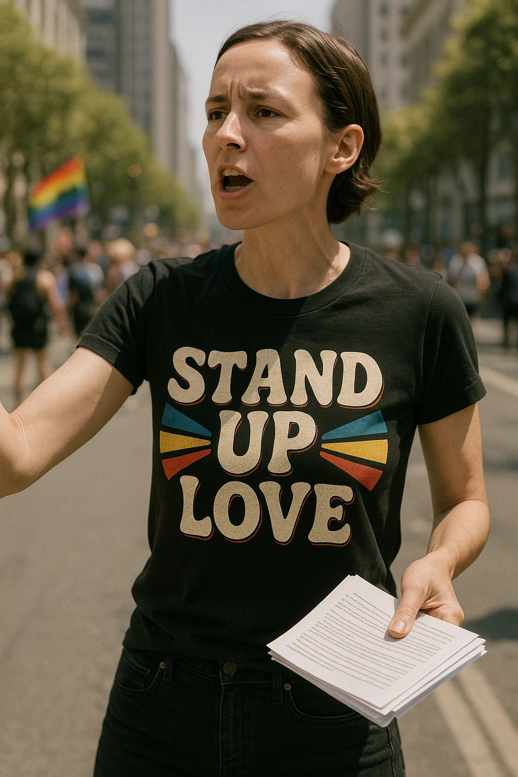 A person with short hair is standing outdoors, possibly in a protest or public gathering, holding printed papers. They are wearing a black T-shirt with colorful designs next to the text "STAND UP LOVE" and appear to be speaking emphatically. In the blurred background, there's a rainbow flag and people walking on a city street lined with trees.