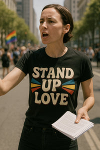 A person with short hair is standing outdoors, possibly in a protest or public gathering, holding printed papers. They are wearing a black T-shirt with colorful designs next to the text 