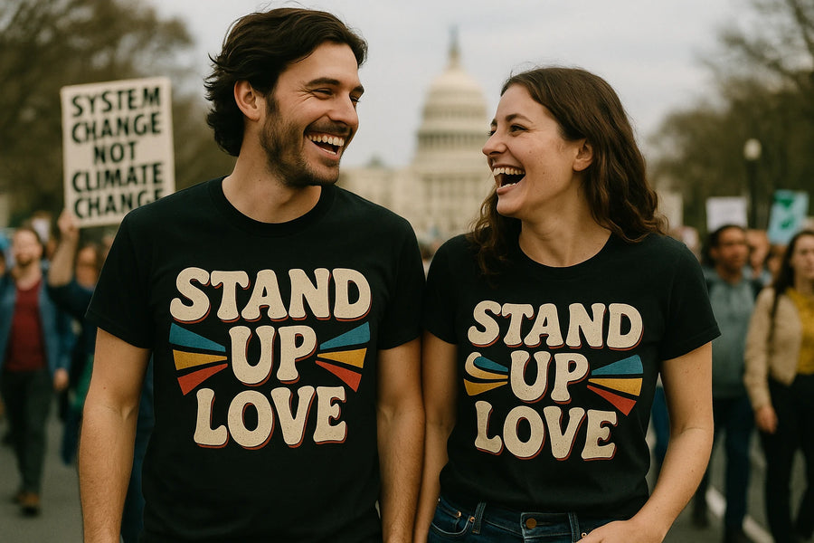 A man and a woman are smiling at each other while wearing matching black t-shirts with the text "STAND UP LOVE" in bold, colorful letters. They are part of a crowd at a march or protest, with the U.S. Capitol building visible in the background. Another sign in the crowd reads "SYSTEM CHANGE NOT CLIMATE CHANGE."