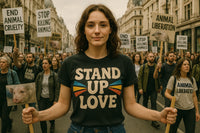 A person stands in the foreground of a protest wearing a black t-shirt with text 